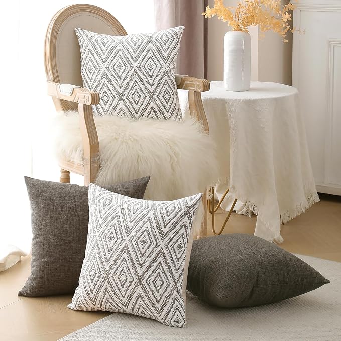 HPUK Throw Pillow Covers 18x18, Set of 4, Natural Couch Pillow Covers | Polyester fabric, patterned and solid designs, hidden zippers, machine washable, for sofas and beds, inserts not included