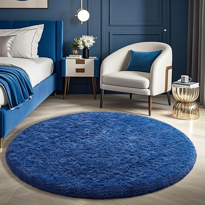 Ophanie Round Rug 5Ft Blue Circle Area Rug, Boys Room Decor, Fluffy Fuzzy Bedroom Carpet, Plush Soft Shaggy Living Room Rugs for Home Aesthetic with Over 99 pcs Pile fibers
