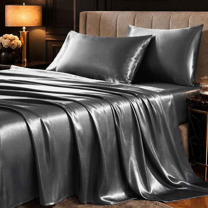 CozyLux Satin Sheets Queen, 4-Piece 14-Inch Deep Pocket Sheet Set | OEKO-TEX Certified Silky Soft Sheet Set for Hair & Skin, Luxurious Silky-Smooth Satin for Elegant Bedroom Decor, Dark Grey