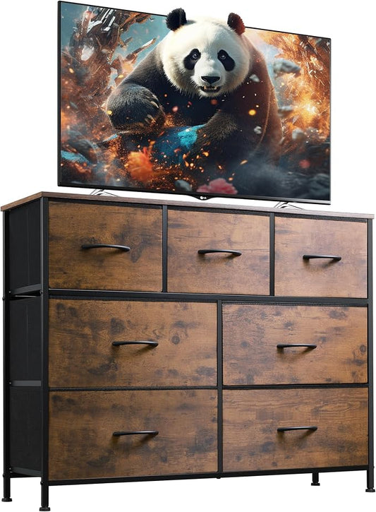 WLIVE Dresser for Bedroom, 7 Drawers, TV Stand, Rustic Brown Wood Grain | 7 roomy fabric drawers, Fits TVs up to 45 inch, Bedroom or living room, Wide storage design, Chest of drawers