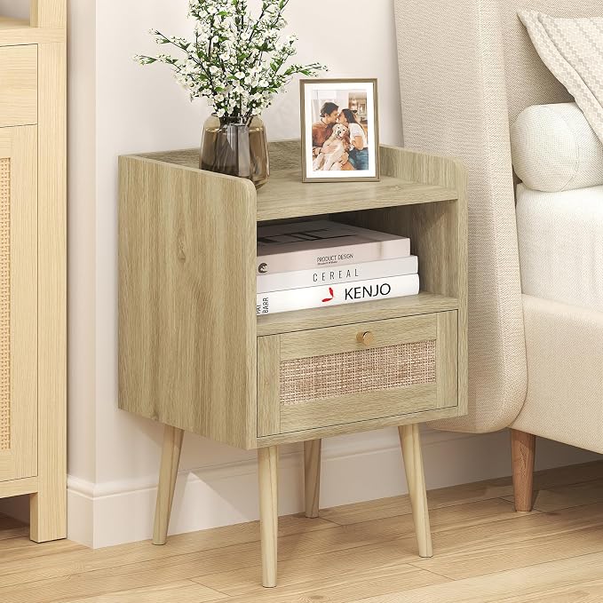 MECHYIN Night Stand with Charging Station & Rattan Decor Drawer, Boho Bedside End Table with Solid Wood Feet, Bed Side Table with Open Storage for Farmhouse Bedroom Living Room Dorm - Natural
