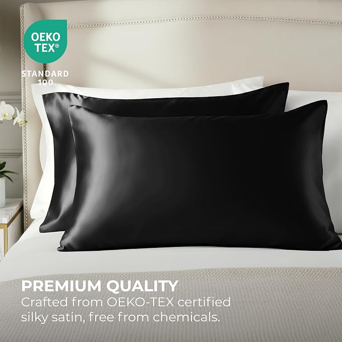 Pure Bedding Satin Pillowcase 2 Pack - King Size (20"x40", Black) - Silky Pillow Cases for Hair and Skin - Satin Pillow Covers with Envelope Closure - Extra Soft Premium Microfiber