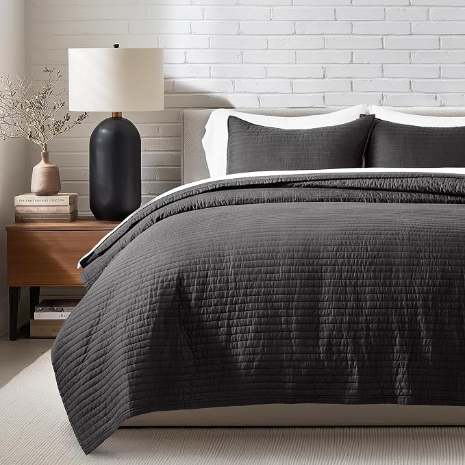 EVERGRACEHOME Cotton Sateen Quilt Set, King Size, Washed Black | 100% Cotton, Channel Stitch Coverlet Bedspread, Pre-Washed Lightweight Soft Bedding Set for All Season, 3 Piece, with 2 Shams