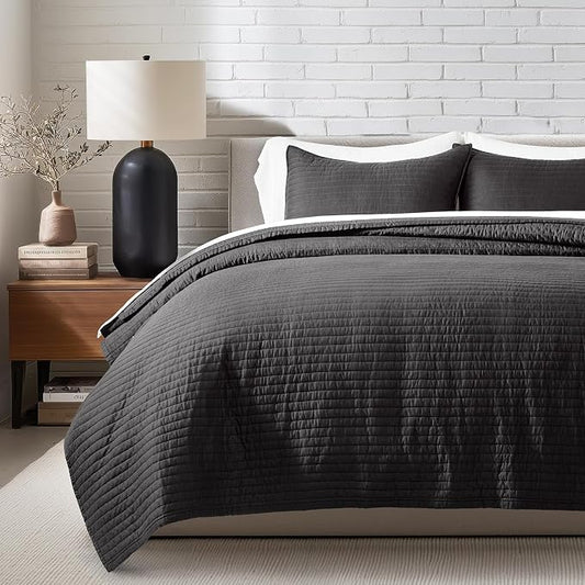 EVERGRACEHOME Cotton Sateen Quilt Set, King Size, Washed Black | 100% Cotton, Channel Stitch Coverlet Bedspread, Pre-Washed Lightweight Soft Bedding Set for All Season, 3 Piece, with 2 Shams