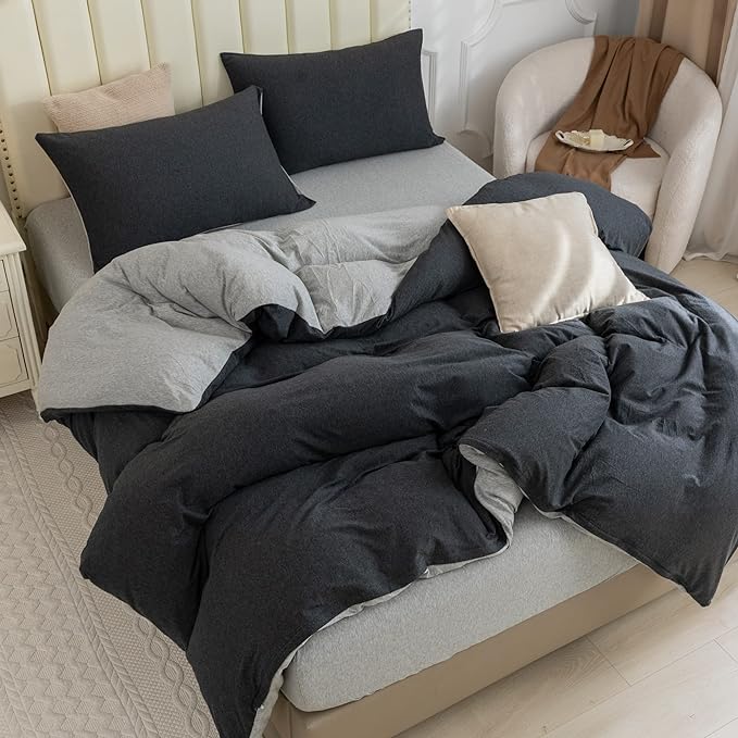 PURE ERA Jersey Knit Sheet Set Heather Charcoal Grey/Grey King | 100% Cotton, 3 Piece Set, T Shirt Soft, Breathable, Envelope Closure Pillowcases, Hidden Zipper, 8 Ties, No Insert, Modern
