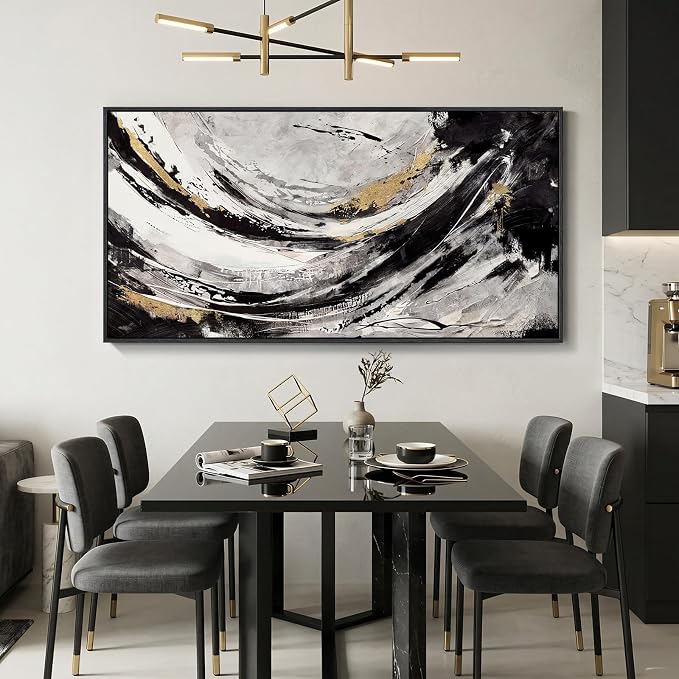 Extra Large Framed Black and White Abstract Wall Art for Living Room, 60x30 | Black gold pictures, Canvas prints, Wood frame, Modern painting artwork for walls, Wall decor for dining room bedroom hallway
