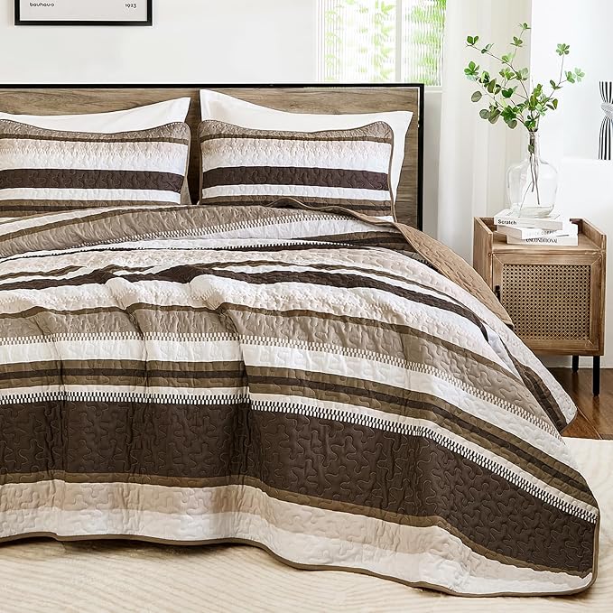 WONGS BEDDING Striped King Quilt Bedding Set, Brown Lightweight Bedspread | Lightweight Microfiber Coverlet, Breathable All-Season, Machine Washable, 3-Piece Set 110"x90", Great for Men Boys Dorm Room