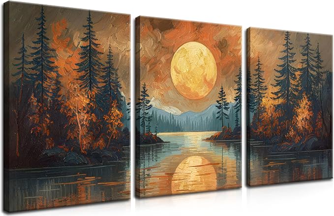 Framed Gold Mountain Forest Sunset Landscape Wall Art Set of 3, Abstract Boho Lakeside Forest Sunset Wall Decor, Vintage Nature Landscape Canvas Prints Poster for Living Room Bedroom Office 16x24 Inch