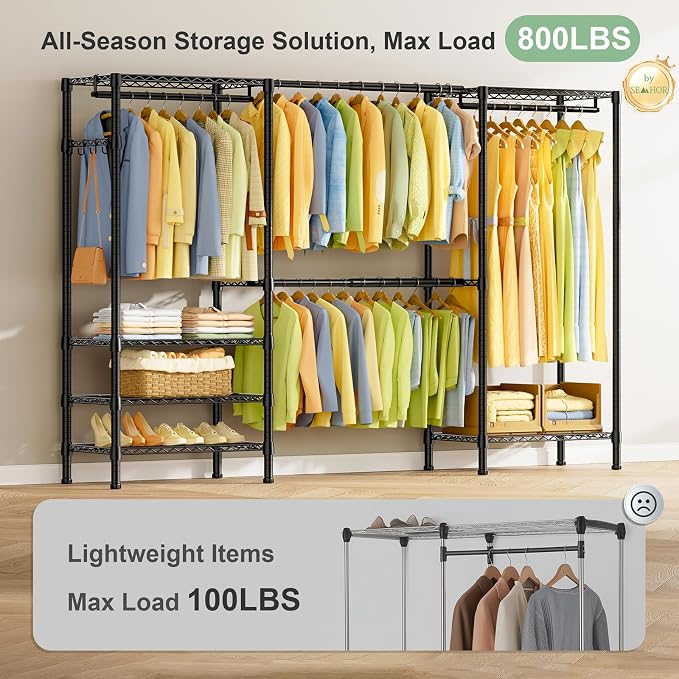 SEMHOR E06 Expandable Heavy Duty Clothes Rack for Reach-in Closet | Freestanding Clothing Racks with Shelves, Carbon Steel Closet Organizer System Adjustable 70.8-93.9", Max Load 800LBS, Black