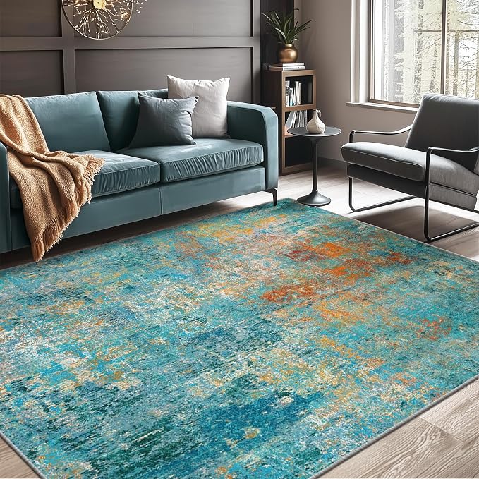 RELEANY Washable 6'x9' Abstract Area Rug for Living Room Teal Multi | Carpet for Bedroom, Kitchen, Office, Hallway and Entryway, Printed Pattern, Non‑Slip, Soft, Stain‑Resistant, Easy to Clean