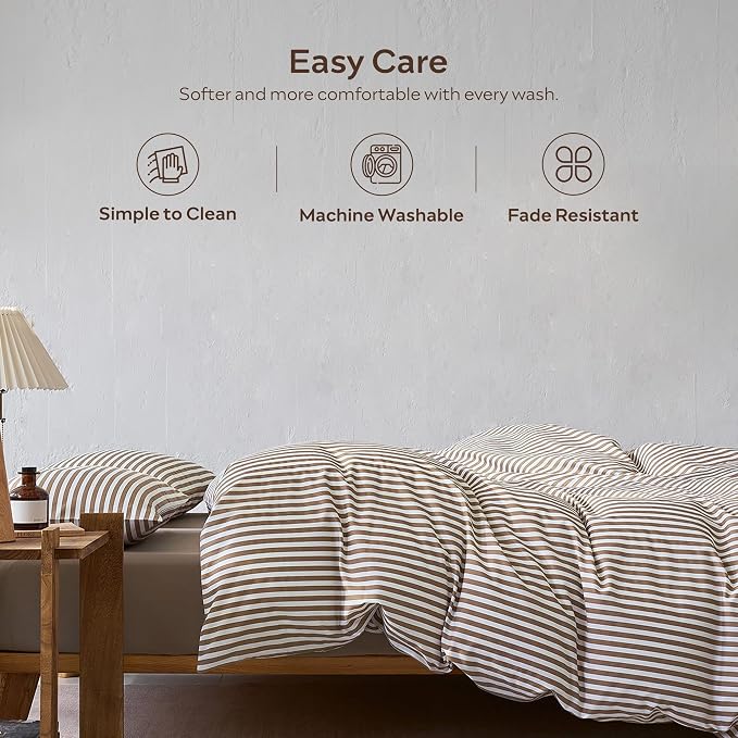JELLYMONI 100% Cotton Printed Striped Twin Duvet Cover Set, Tan | Breathable and Soft, Classic Stripes, 8 Corner Ties & Double-Head Hidden Zipper, For Kids or Guest Bedroom