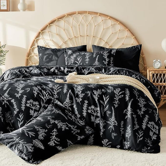 MUXHOMO Duvet Cover Full Size, Reversible Floral Black Duvet Cover Set with Zipper Closure, 3 Pieces Botanical Patterns Soft Microfiber Bedding Set with 4 Ties (80"x90", 2 Pillow Cases)