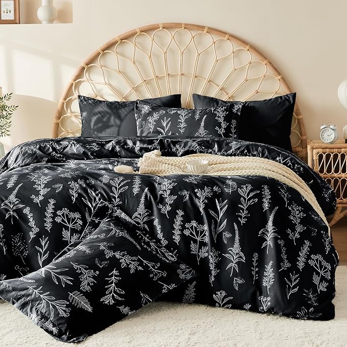 MUXHOMO Duvet Cover Queen Size, Reversible Floral Black Duvet Cover Set with Zipper Closure, 3 Pieces Botanical Patterns Soft Microfiber Bedding Set with 4 Ties (90"x90", 2 Pillow Cases)