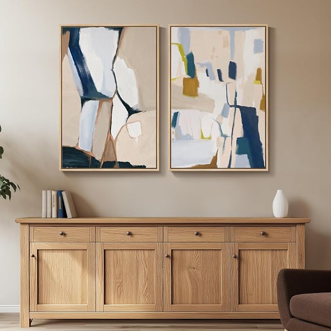 Large Framed Modern Colorful Abstract Wall Art for Living Room, 24x36 In | 2 Piece, Large neutral artwork for walls, Canvas prints, Modern paintings, Bright pictures, Bedroom hallway office wall decor