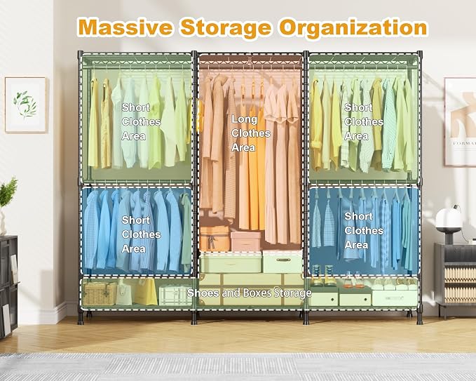 ULIFHOME E14C Pro Heavy Duty Closet Organizer System，Freestanding Clothing Racks for Hanging Clothes，Adjustable Garment Rack 69" W × 16" D × 77" H Hold 960 lbs，Black Rack with Grey Dustproof Cover