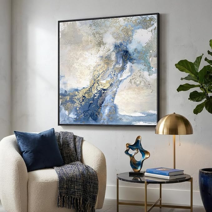 Extra Large Framed Blue Abstract Wall Art Decor for Living Room, 40x40 In | Oversized, Canvas prints, Modern paintings, Minimalist pictures, Blue white gold, Square art, Dining room, Bedroom wall decor