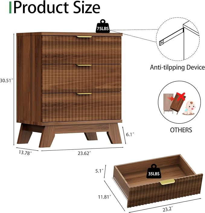 Xixini Fluted Dresser for Bedroom with 3 Drawers, 24" Wide Modern Chest of Drawers with Metal Handle, Wooden Dresser TV Stand, Wood Closet Clothes Storage Organizer for Living Room, Hallway, Walnut