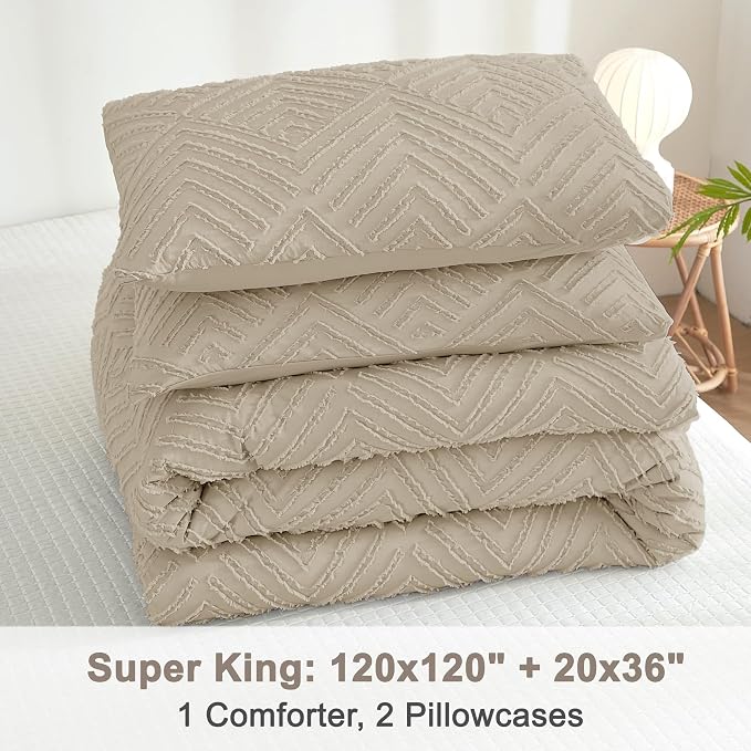Litanika Super King Size Comforter Set, 3 Pcs Tufted Boho Bedding Set | Light Coffee Farmhouse Shabby Chic Vintage Bohemian Textured Aesthetic Soft Fluffy Lightweight Breathable All Season Bed Set