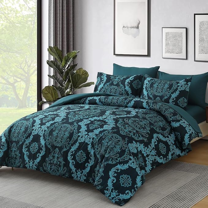 WONGS BEDDING 7 Piece King Comforter Set, Teal Texture Breathable Microfiber Comforter Bedding Set for All Season, Damask Bed in a Bag with Comforter, Flat Sheet, Fitted Sheet, Pillowcases & Shams
