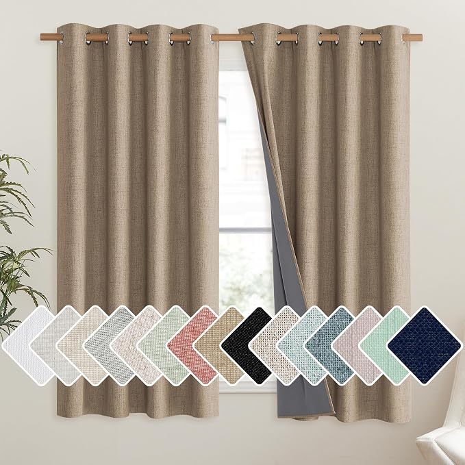 NICETOWN Burlap Blackout Curtains for Dining Room 52" w x 63" L 2 Panels | Room Darkening Vintage Open Linen Weave Flax Thermal Curtains, Soundproof Window Treatment Drapes for Hall Room Home Decor