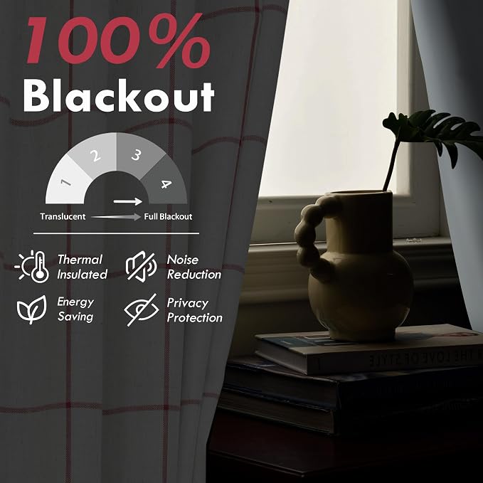 DriftAway 100% Blackout Plaid Linen Curtains 63 Inches Long 2 Panels Red | 100% Blackout, Linen Texture, Plaid Pattern, Two Layers, Rod Pocket & Back Tab, Bedroom Living Room Use, Luxury Appearance