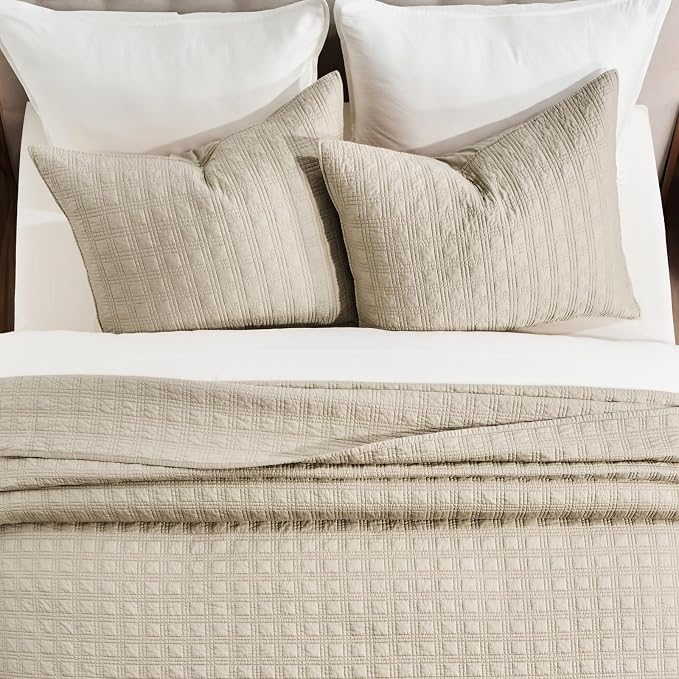 EVERGRACEHOME Cotton Sateen Windowpane Quilt Set Queen Size, Light Taupe | 100% Cotton, Pre-Washed Soft Coverlet Bedspread, 3-Piece Lightweight Bedding Set for All Season, with 2 Pillow Shams