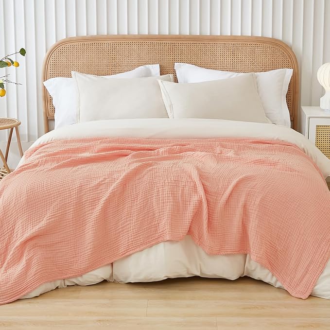 EMME Muslin Blankets for Adults Throw Blanket for Couch Breathable Gauze Soft Lightweight Airy Pink Queen 90" x 90"