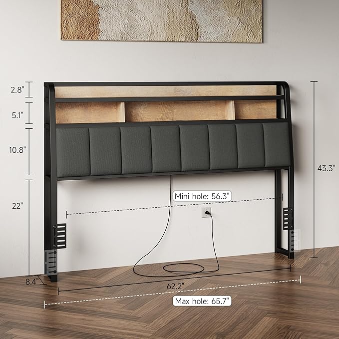 Queen Headboard Only with Storage, Charging Station, Black&Brown | Upholstered Headboards for Queen Size Bed with LED Light, Height Adjustable, Sturdy and Stable Headboard
