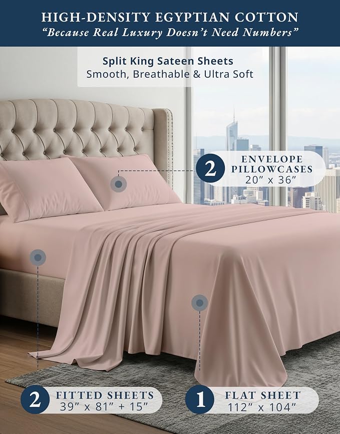 LANE LINEN Split King Deep Pocket Sheets Sateen Weave - Sepia Rose | Split King Cooling Sheets Sets For Adjustable Bed - 5-Piece Set, For Guests And Everyday Use, Guest-Ready Comfort