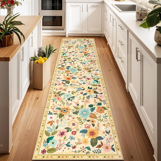 Floral Washable 2x6 Area Rugs Runner Entryway Hallway Yellow/Orange | Flower Carpet, Print, Boho, Non-Slip, Easy to Clean, Low Pile, Soft, for Living Room Bedroom Kitchen Office Entrance