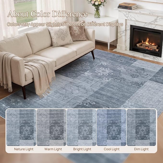 UERMEI 5x7 Area Rug for Living Room - Washable Vintage Carpet, Non-Slip Soft Large Indoor Floor Rugs for Bedroom Home Office & Under Dining Table Decor, Blue Block