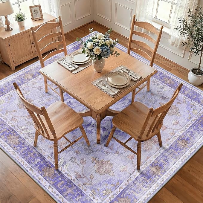 RELEANY Washable Area Rug, Square 8'x8', Purple | Non-Slip, Water Repellent, Pet Friendly, Easy to Clean, Vintage Floral Boho Decor for Living Room Bedroom Dining Room Office