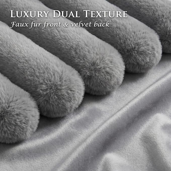 Pack of 2 Throw Pillow Covers 20x12 Decorative Solid Plush Faux Fur with Soft Velvet Back, Square Striped Cushion Cases Modern Farmhouse Home Decor for Living Room Couch Sofa Bed Dark Gray