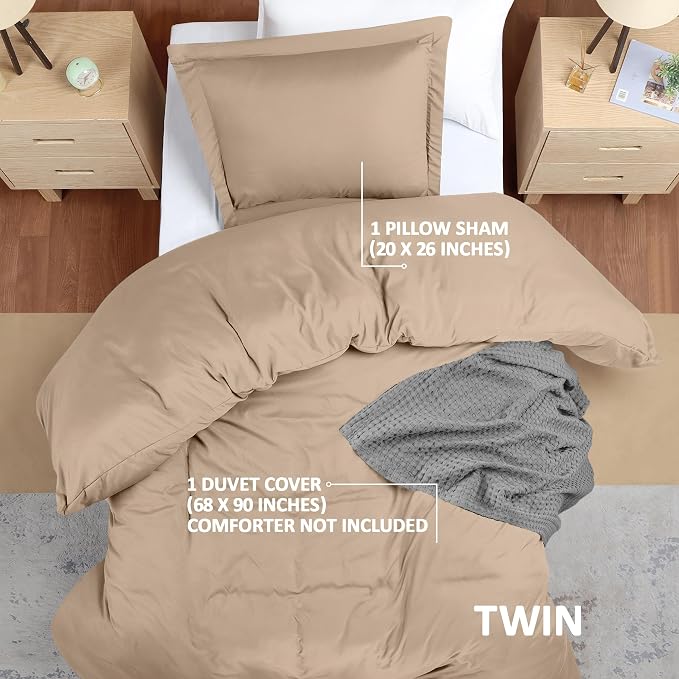 Duvet Cover Twin/Twin XL, 3 PC Cotton Like Polyester, Zipper Closure, Sand | Extra Soft and Breathable, Wrinkle & Fade Resistant, Includes Duvet Cover and 1 Pillow Sham, Comforter Not Included, OekoTex