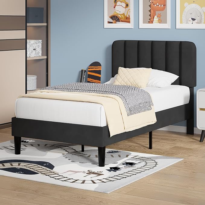 VECELO Twin Size Bed Frame with Upholstered Headboard, Velvet Platform Bedframe Mattress Foundation, Strong Wood Slat Support, No Box Spring Needed,Black
