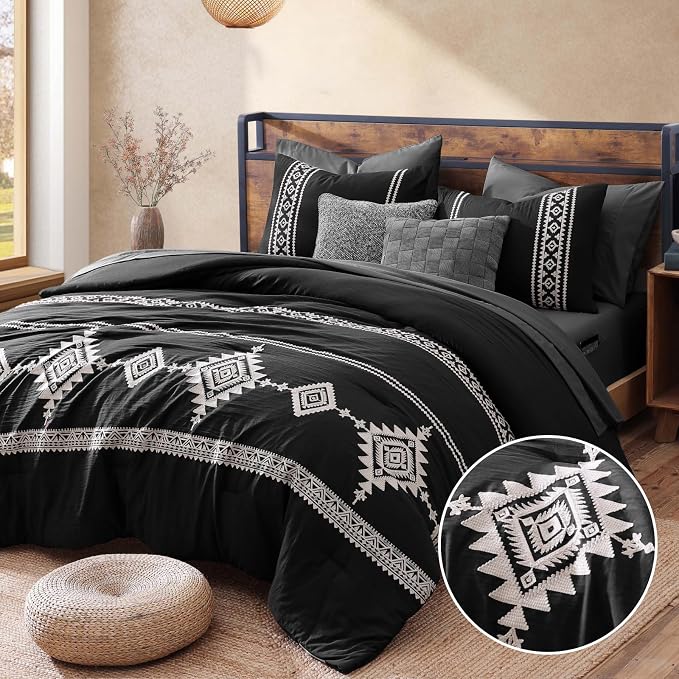 MaiRêve Embroidery Oversized Queen Comforter Set 7 Pieces Bed in a Bag | Black Western Boho Bedding Sets Farmhouse with Comforter, Sheets, Pillowcases & Shams