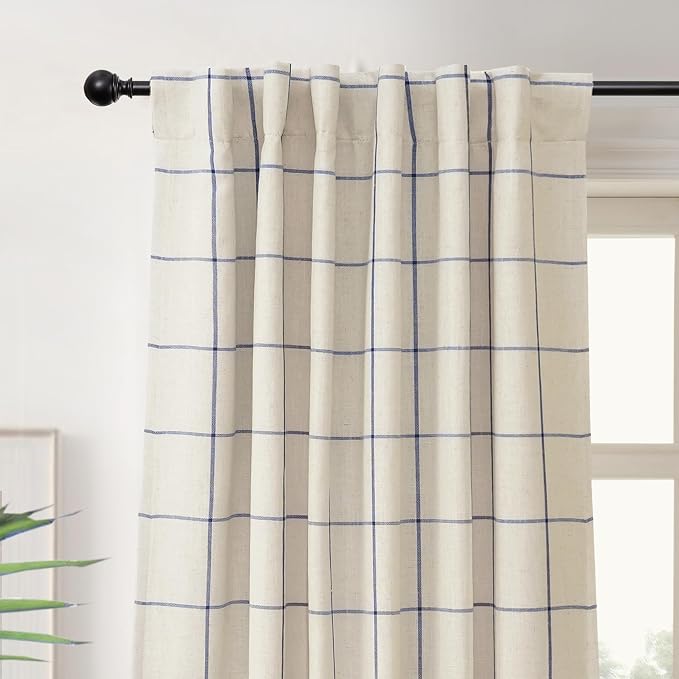 DriftAway 100% Blackout Plaid Curtains 63 Inches Long 2 Panels Navy Blue | 100% Blackout, Linen Texture, Plaid Pattern, Two Layers, Rod Pocket & Back Tab, Bedroom Living Room Use, Luxury Appearance