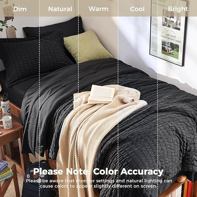 HYMOKEGE Black Twin XL Comforter Set Seersucker 5 Pieces, All Season Luxury Bed in a Bag for Bedroom, Bedding Set with Comforters, Sheets, Pillowcase & Sham