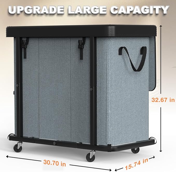 Laundry Basket with Wheels, 230L(60Gal) Laundry Sorter 3 Section - Gray | Leather Patchwork Laundry Hapmer, Sturdy Metal Frame, Removable Washable Bag, Tall Clothes Sorter for Bedroom