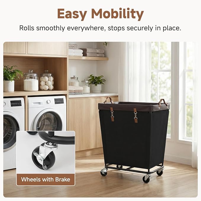 StorageWorks 210L Laundry Basket with Wheels, Rolling Hampers for Clothing | Large Black Laundry Basket with Wheels & Handles, Rolling Cart for Bedroom, Bathroom, Dorm, Hotel