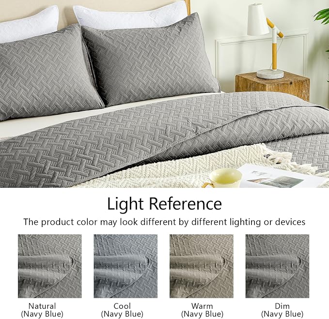 FLYMME Queen Quilt Bedding Set Dark Grey Lightweight Bedspreads Full Size,Modern Style Geometric Weave Stripe Pattern,Soft Microfiber Bed Coverlet for All Season (1 Quilt, 2 Shams)