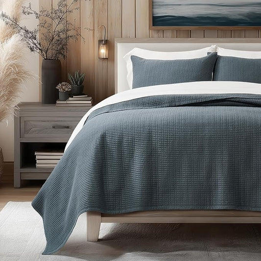 100% Cotton Modern Grid Stitch Quilt Set King Size, Midnight Blue | Pre-Washed Cotton Coverlet Bedspread, Oversized Lightweight 3-Piece Bedding Set for All Season, with 2 Pillow Shams