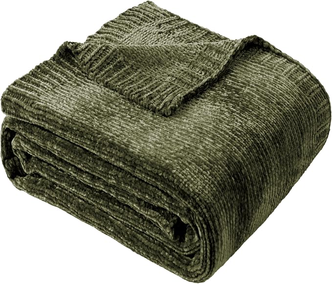 Olive Green Chenille Throw Blanket for Couch, Cozy Knit Throw Blanket 51x67 | Shiny Chenille Blanket, Super Soft Dark Green Blankets Knitted Blankets for Bed Sofa Home Decor