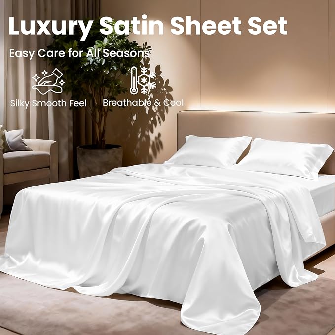 Love's cabin Full Size Satin Sheet Sets - 4 Piece White Silky Satin Sheet Set Full with Deep Pocket, Luxury Silk Feel Satin Bed Sheets Full Bedding Set (1 Flat Sheet,1 Fitted Sheet,2 Pillow Cases)
