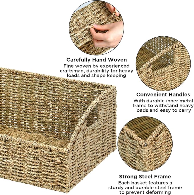 Pantry Baskets Organization, Wicker Storage Basket Green | Handwoven Pantry Organizers and Storage with Built-in Handles, Laundryroom Organization Storage Bins for Snack Cans