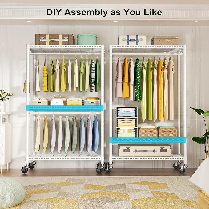 FUTASSI Rolling Clothes Rack, Clothing Racks for Hanging Clothes, White | P3 Heavy Duty Garment Rack with Wheels, Freestanding Portable Closet Racks 39.4'' W x 14'' D x 78.5'' H, Max Load 470 LBS