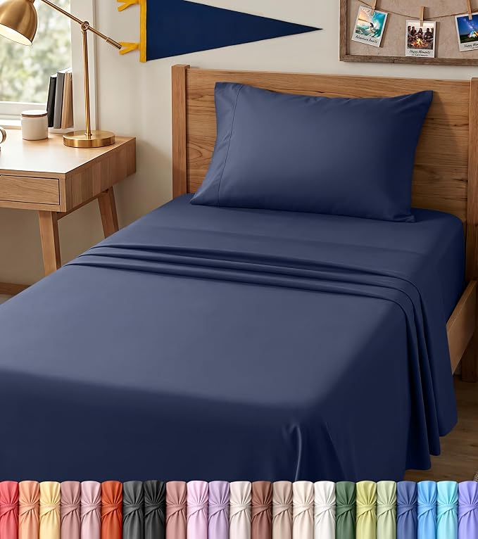Twin XL Sheets Set, 3 Pieces 16" Deep Pocket Hotel Luxury Sheets, Navy Blue | Extra Soft Bedsheet Set, Comfy & Breathable Cooling Sheets, Wrinkle & Fade Resistant, Fitted Sheet, Flat Sheet, 1 Pillowcase