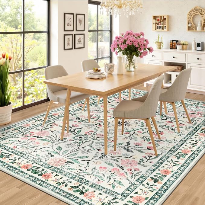 PLHXFR Area Rug Living Room: 5x7 Floral Washable Boho Carpet Green Beige | For Bedroom Dining Room Farmhouse Nursery Hallway,Vintage Floral,Machine washable,Non Slip,Stain Resistant,Large Indoor