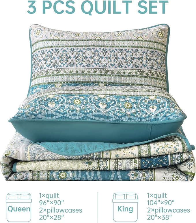 WONGS BEDDING Boho Quilt Queen Size,3 Pcs Aqua Bedspread Bedding Set | Colorful Bohemian Striped Printed Bedding for All Season, Lightweight Microfiber Coverlet Set with 2 Pillowcases(96"x90")