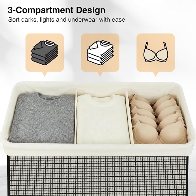 STO STO 3 Section Laundry Hamper with Lid, 180L Steel-Frame 3 Compartment Laundry Sorter with Removable Washable Liner, Breathable Large Laundry Basket for Bedroom, Bathroom, Laundry Room, Dorm